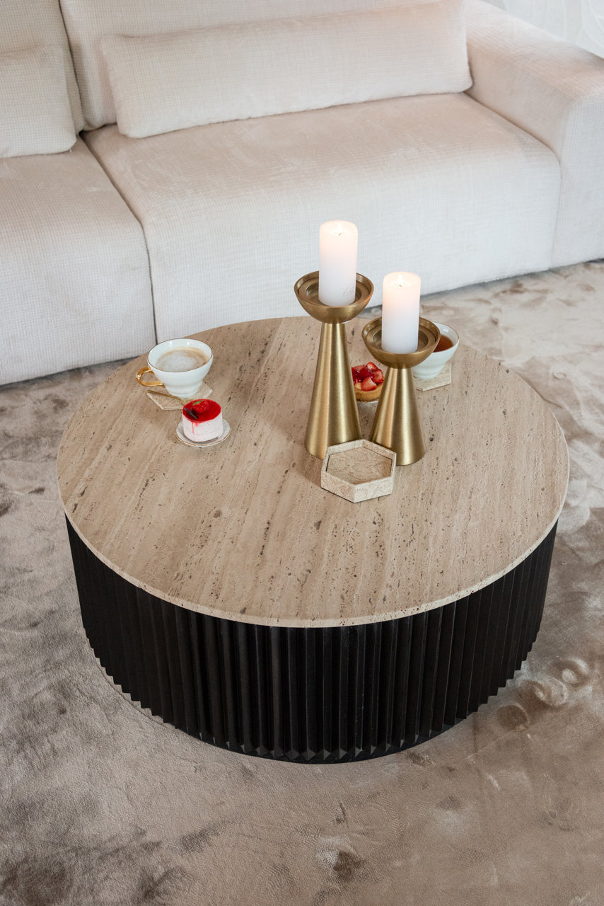 
Design Couchtisch „Hampton“ mit Travertin Tischplatte