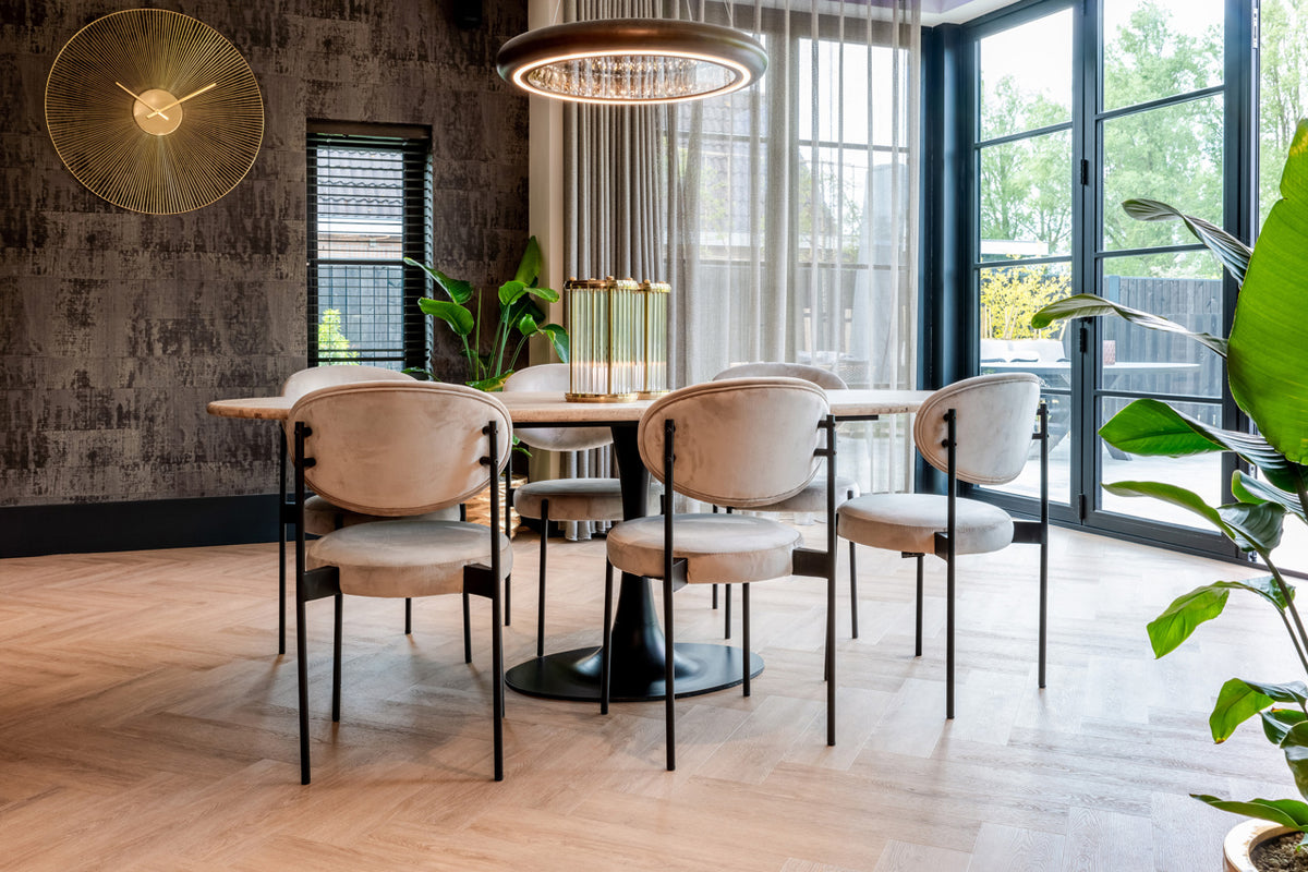 
Ovaler Design Esstisch „Hampton“ mit Travertin Tischplatte 230 x 100 cm