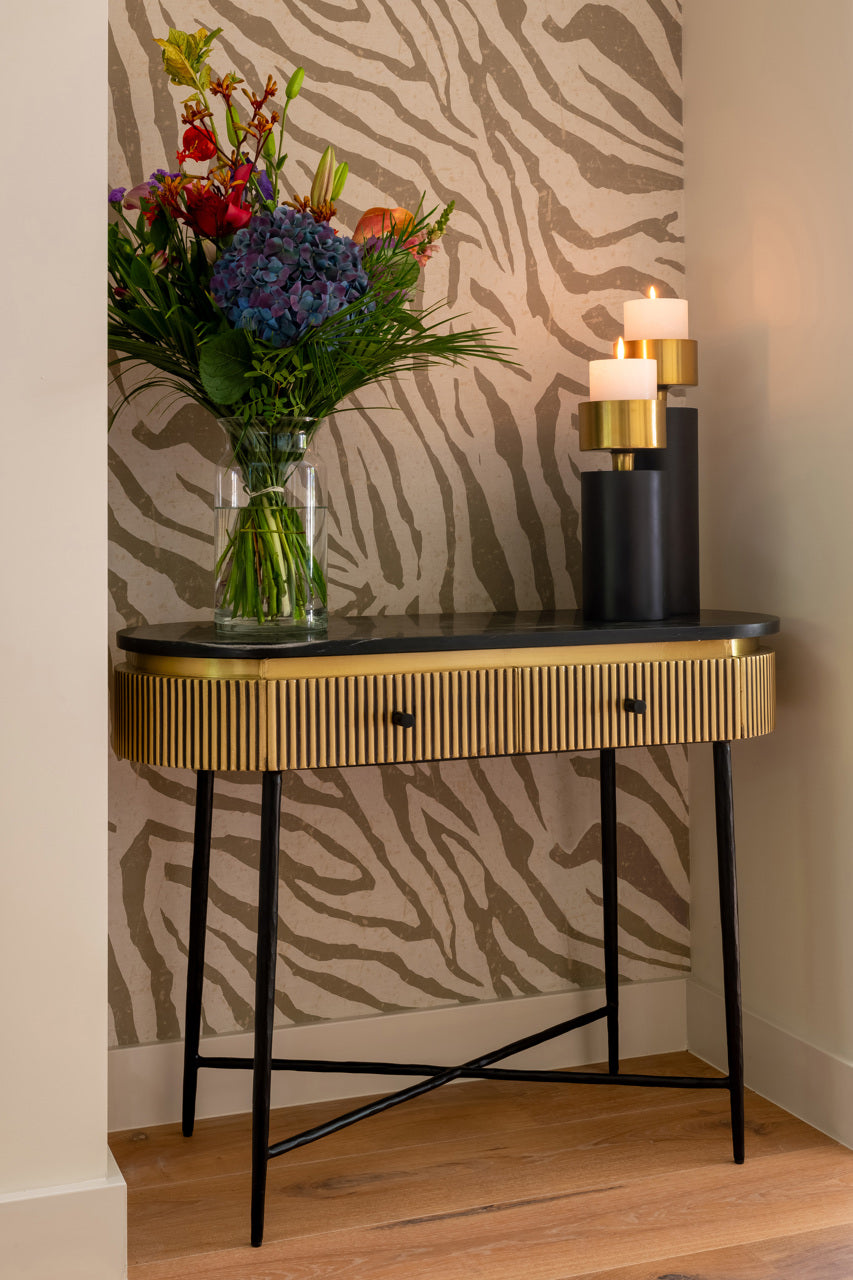 
"Ironville" console table with black marble top