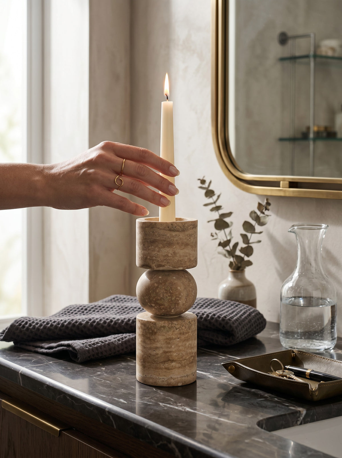 
Portacandela tealight di design «Alaina» in travertino - Grande, Ø 8 x 20 cm