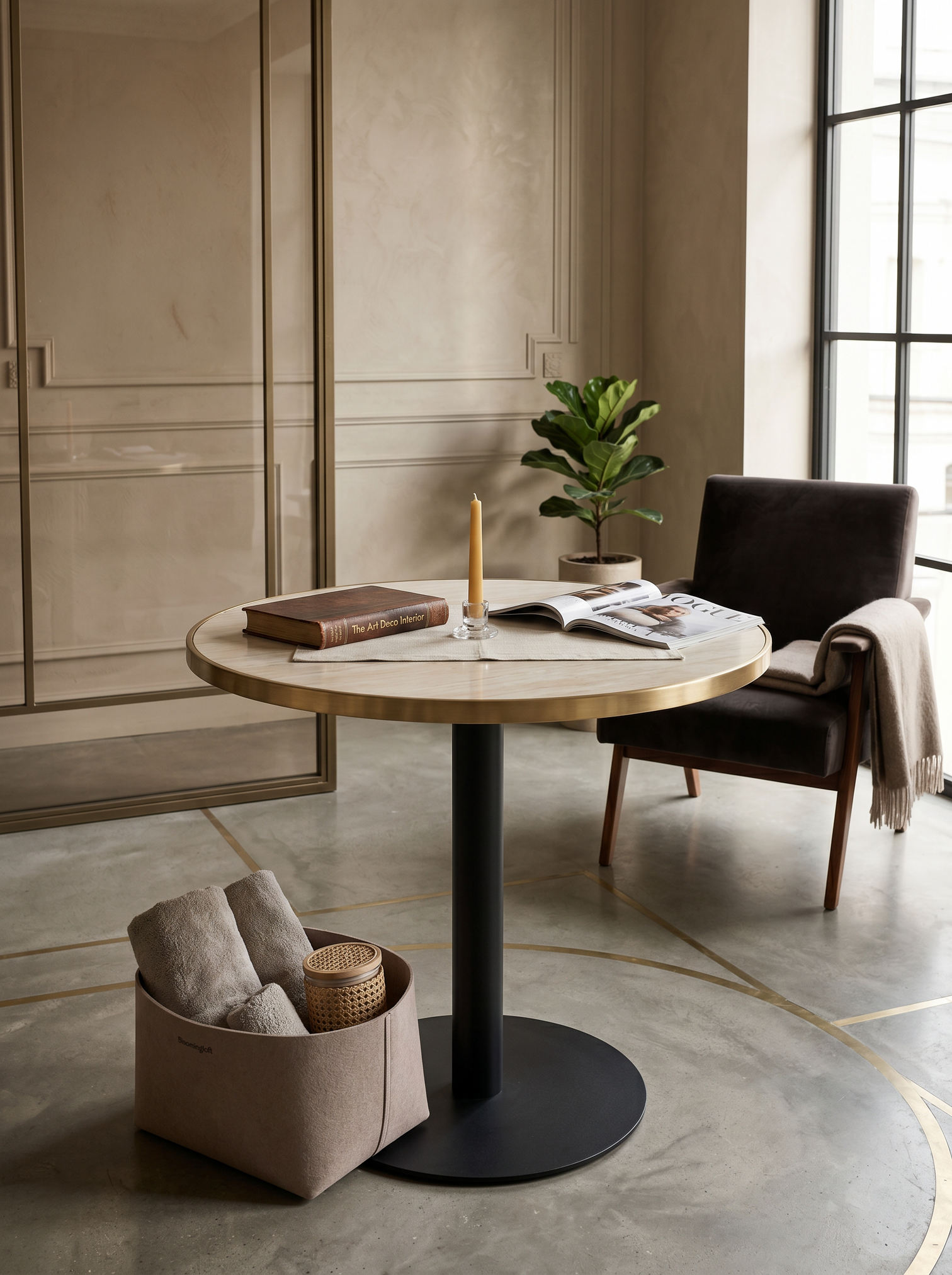 
Table bistrot ronde design « Brazza » en acier inoxydable et marbre artificiel