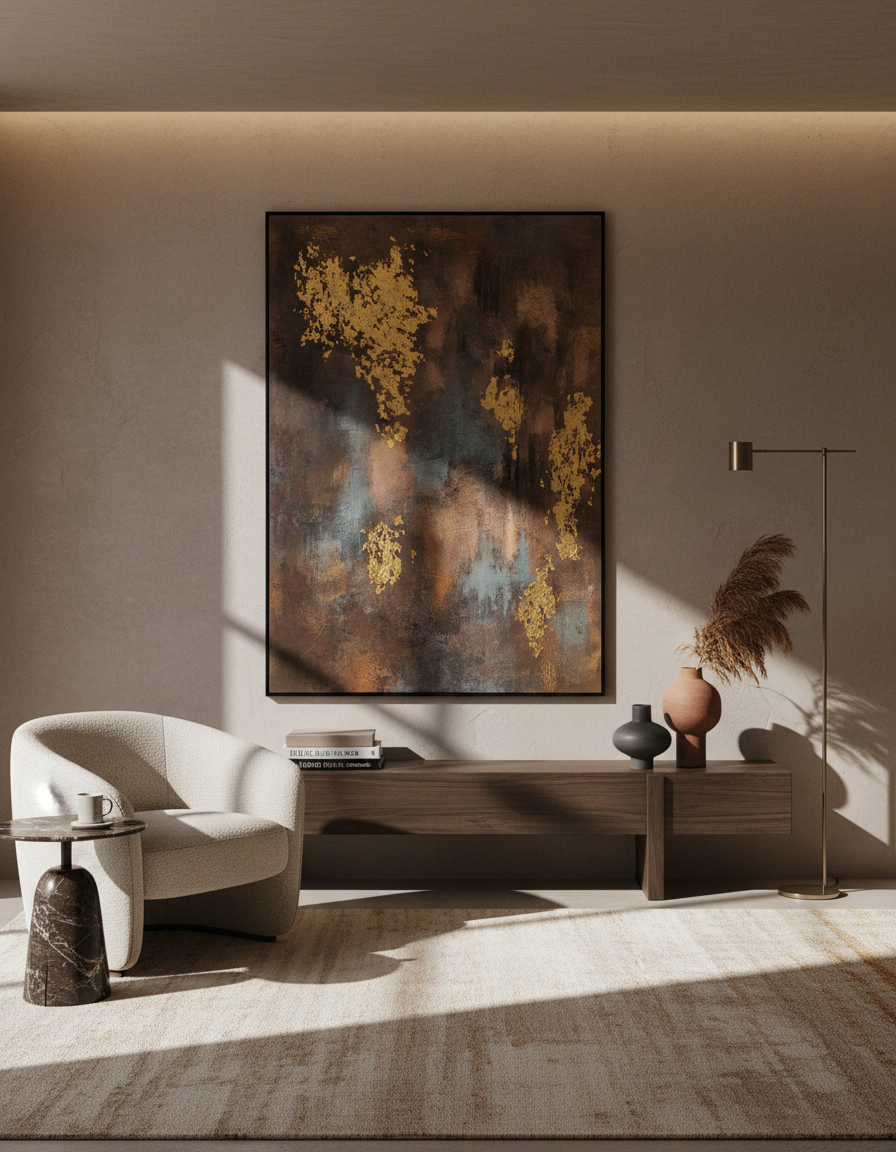 
Grosses Design Wandbild „Golden Glim“ mit Holzrahmen, 140 x 100 cm
