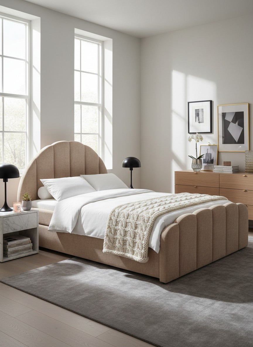 
"Pixie" Designer Upholstered Bed with Pull-Out Function - Beige