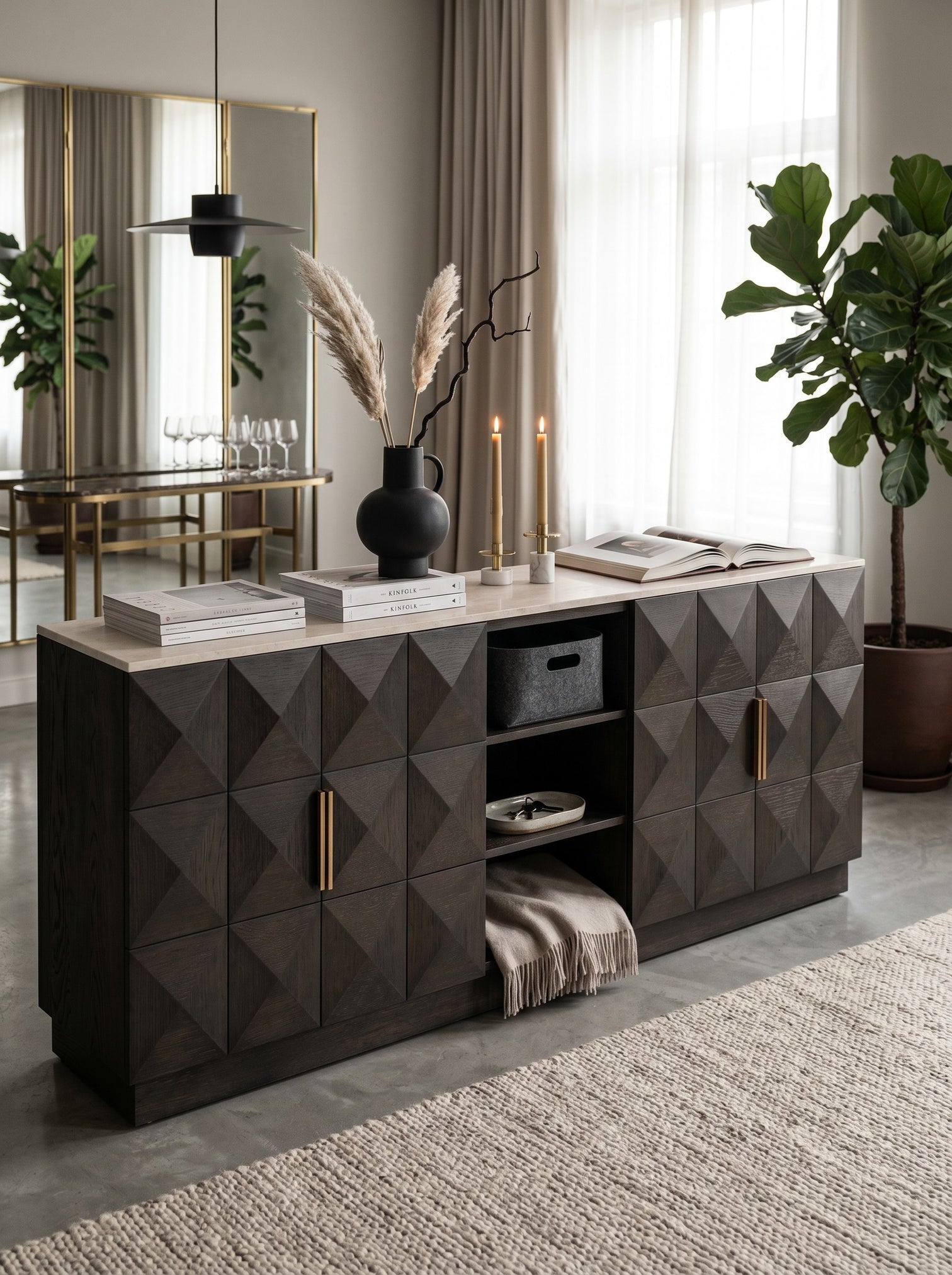 
Large Design Sideboard "Claremont" with Marble Top, 4-Door