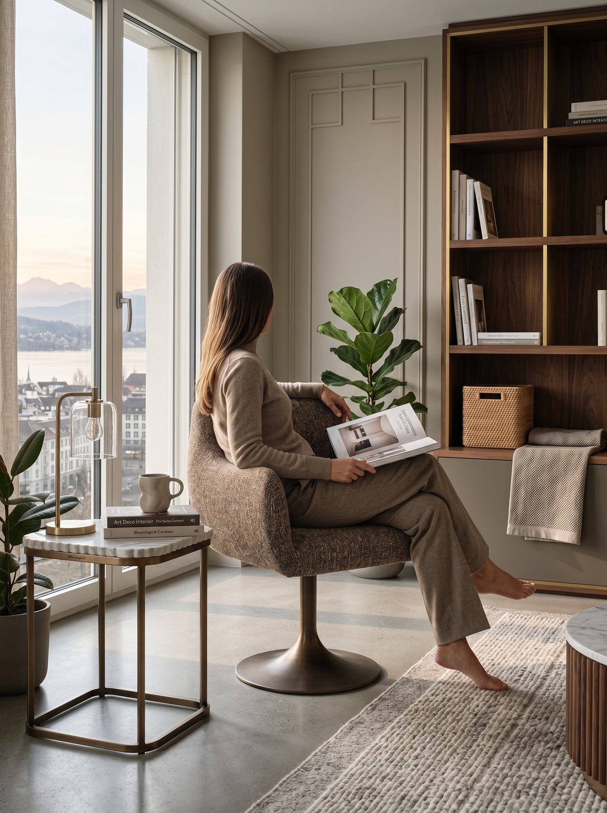 
Fauteuil design pivotant à 360° « Aldo » - Structure : bronze, revêtement : tweed marron