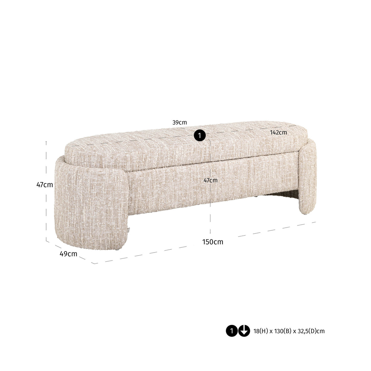 
Panca di design «Cupid», diverse dimensioni - 49 × 150 × 47 cm / Angora beige