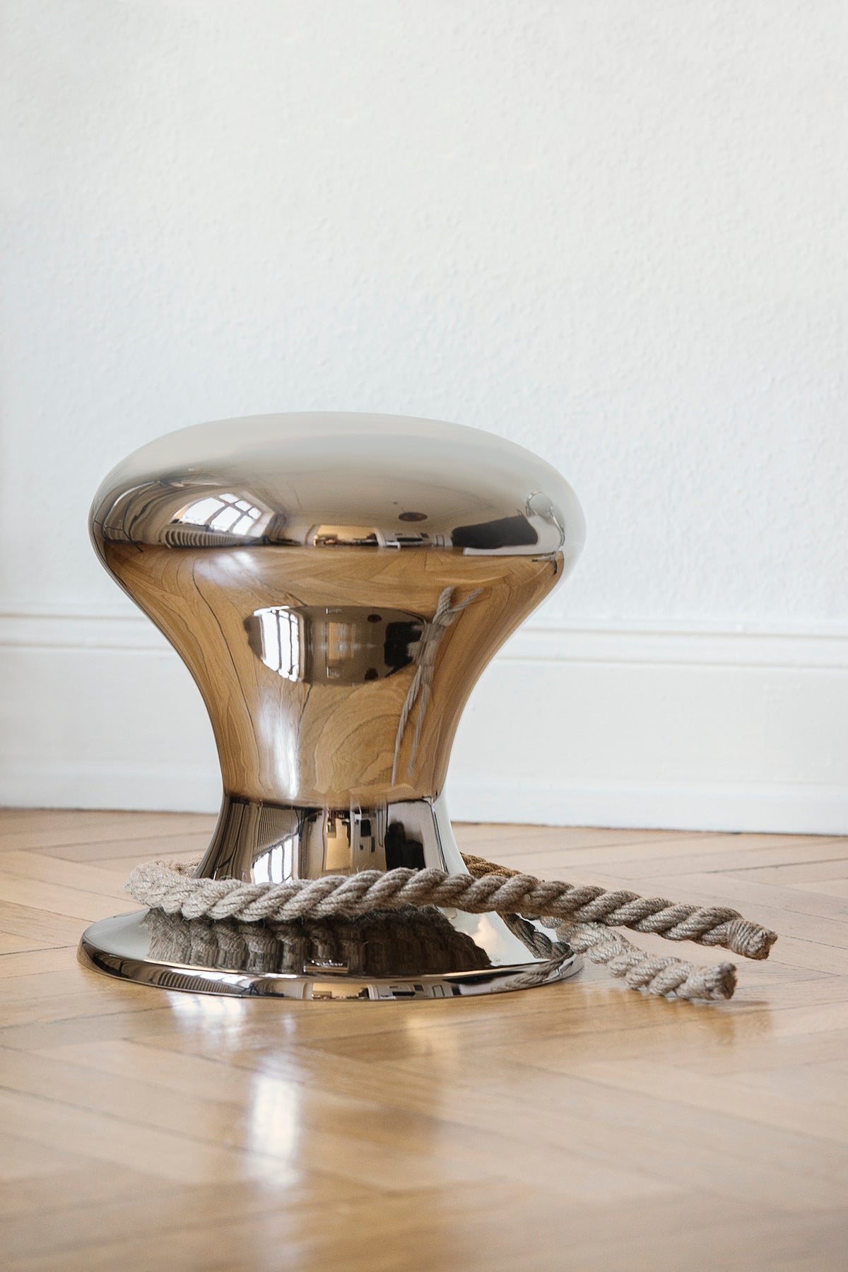
Design Hocker „Hamburger“ mit Segeltau - Edelstahl
