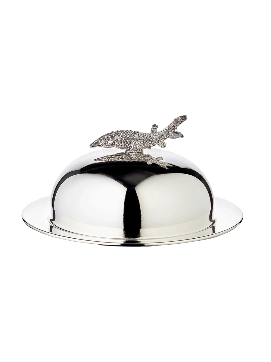 
"Sturgeon" caviar bowl design in stainless steel, elegantly silver-plated