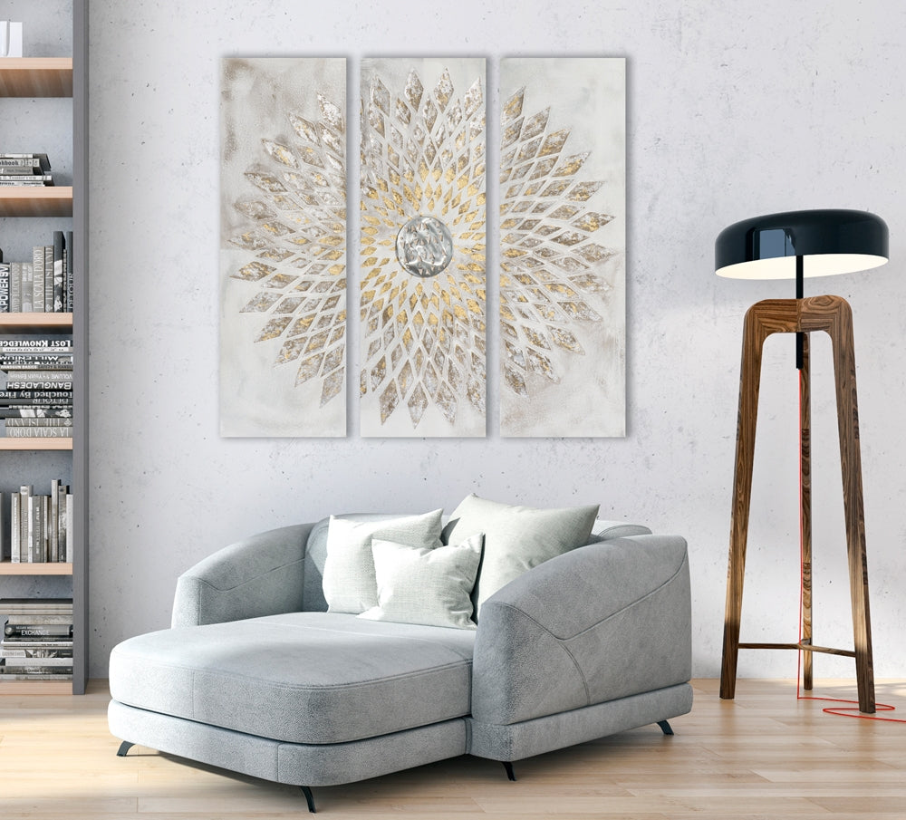 
Tableau mural 3 pans peint à la main « Étoile montante » avec éléments métalliques 120 x 120 cm