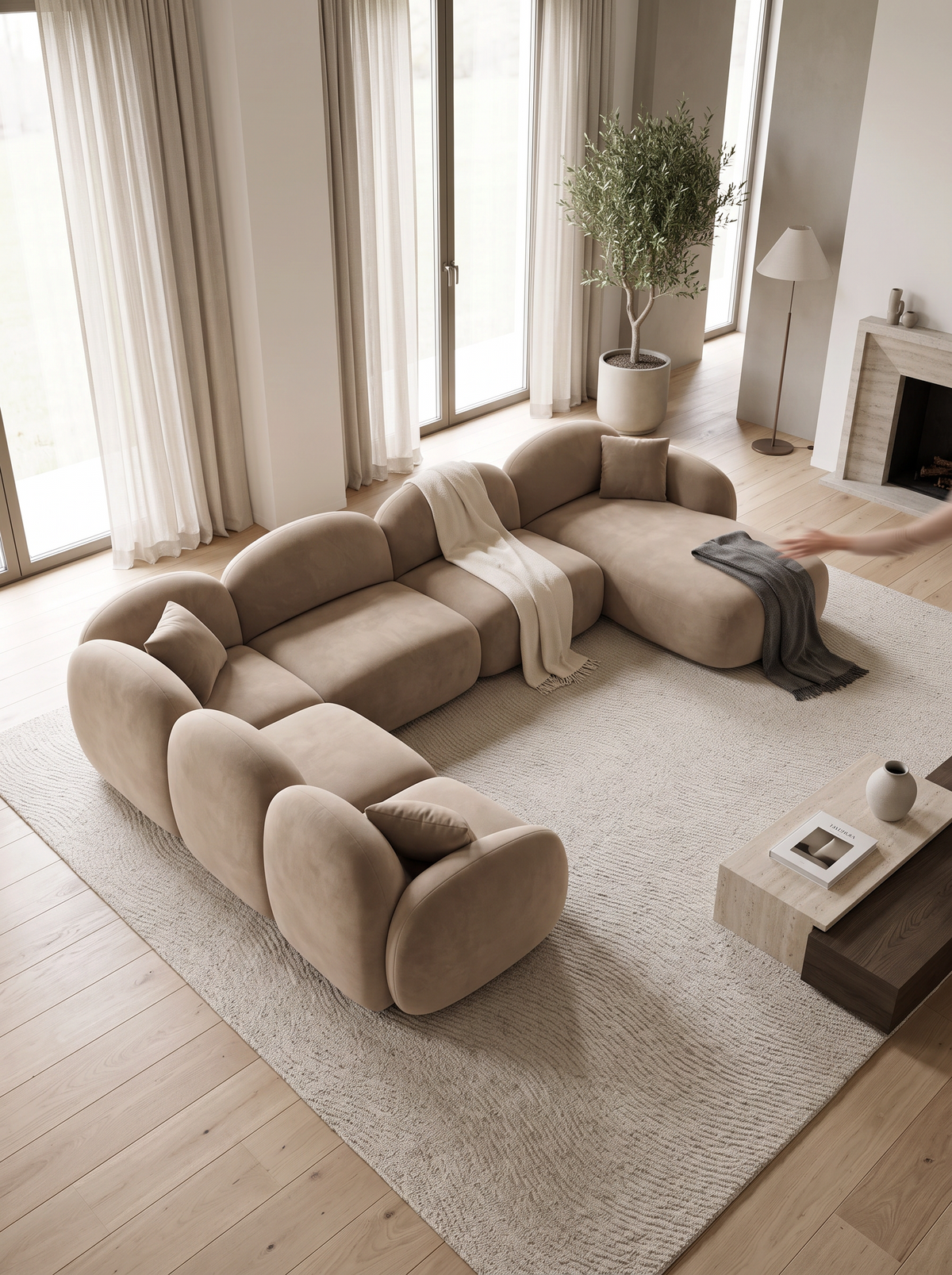 
7-seater designer panoramic sofa “Varello XXL” with velvet upholstery - Velvet cover Brown / Long side left