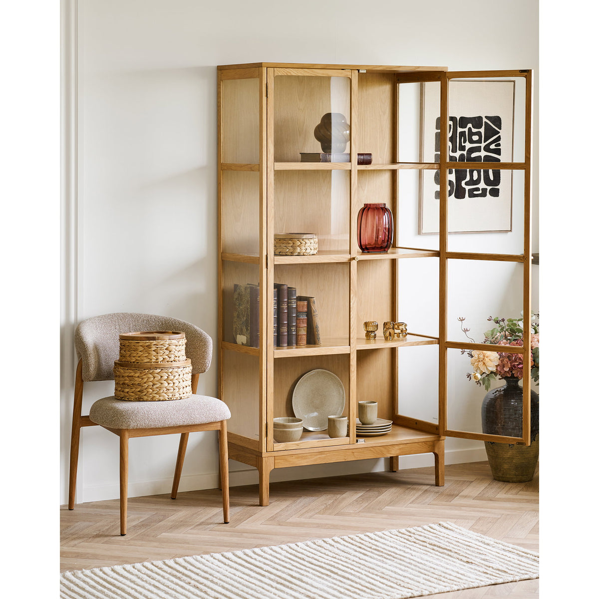 
Vitrine en bois design « Zamora » à 2 portes - Chêne naturel / 90 x 40 x 180 cm