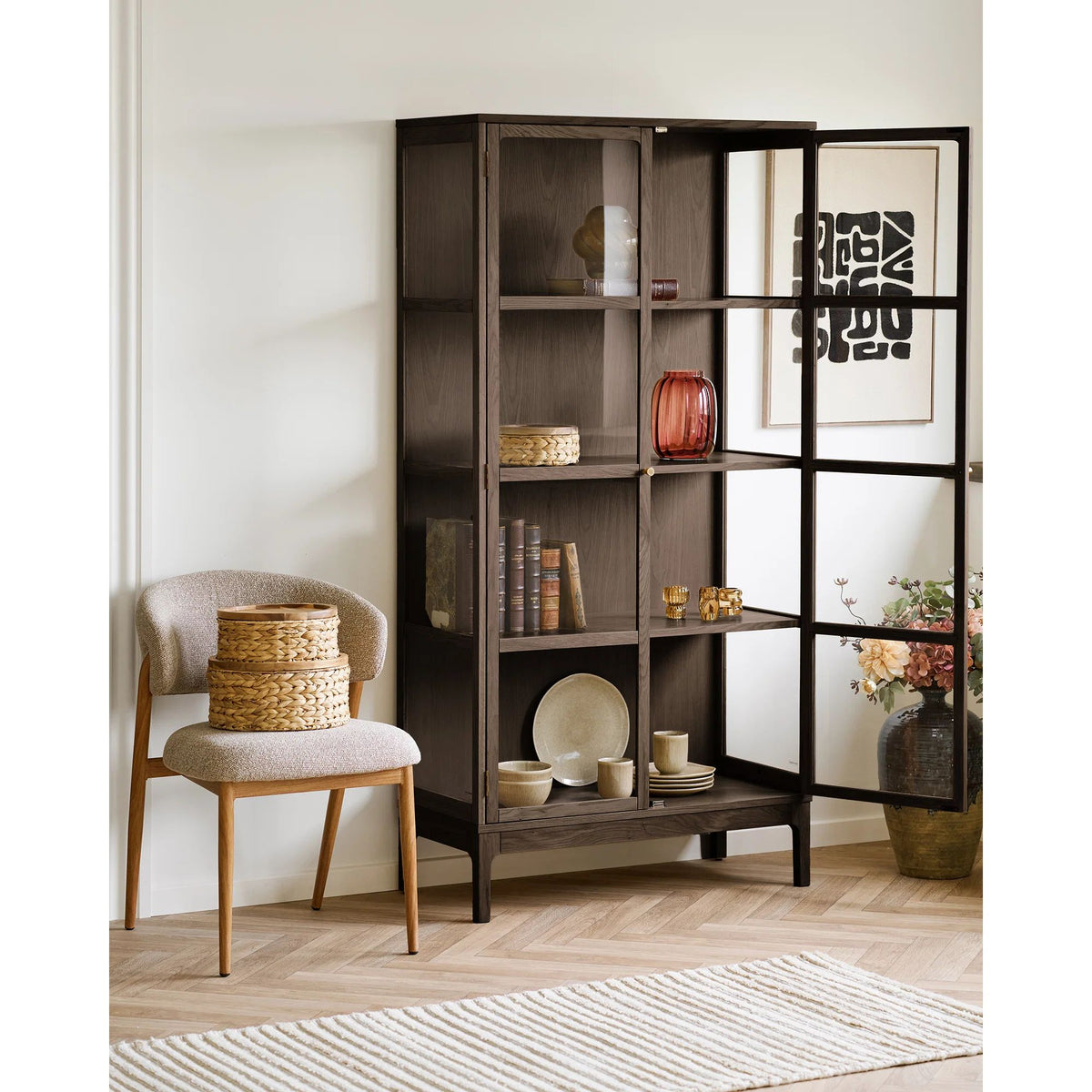 
Vitrine en bois design « Zamora » à 2 portes - Chêne brun foncé / 90 x 40 x 180 cm