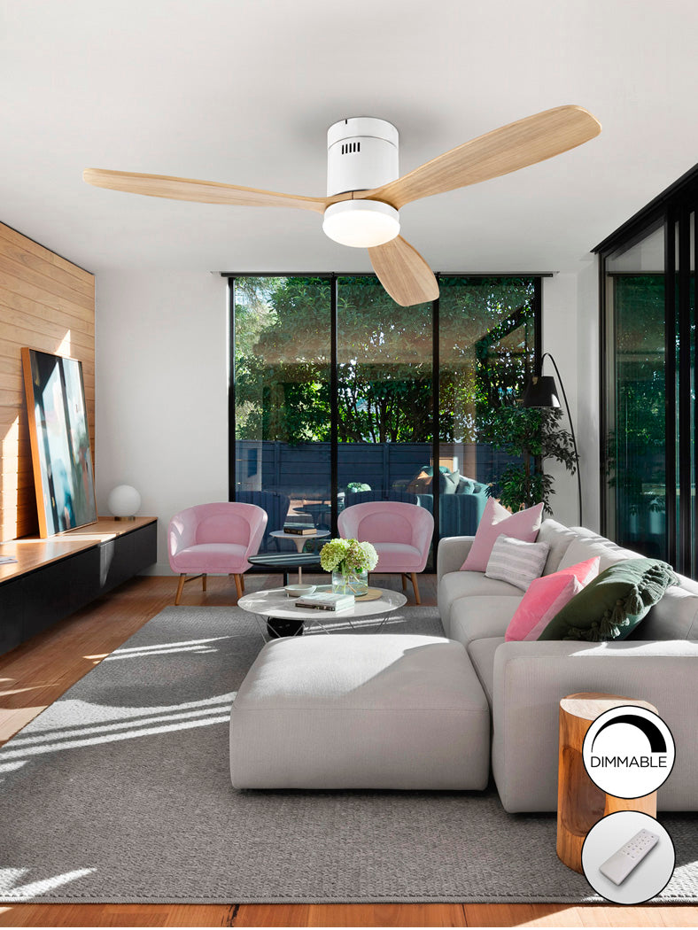 
Ventilateur de plafond haut de gamme et plafonnier LED « Siroco Grande » avec télécommande - Blanc / Naturel