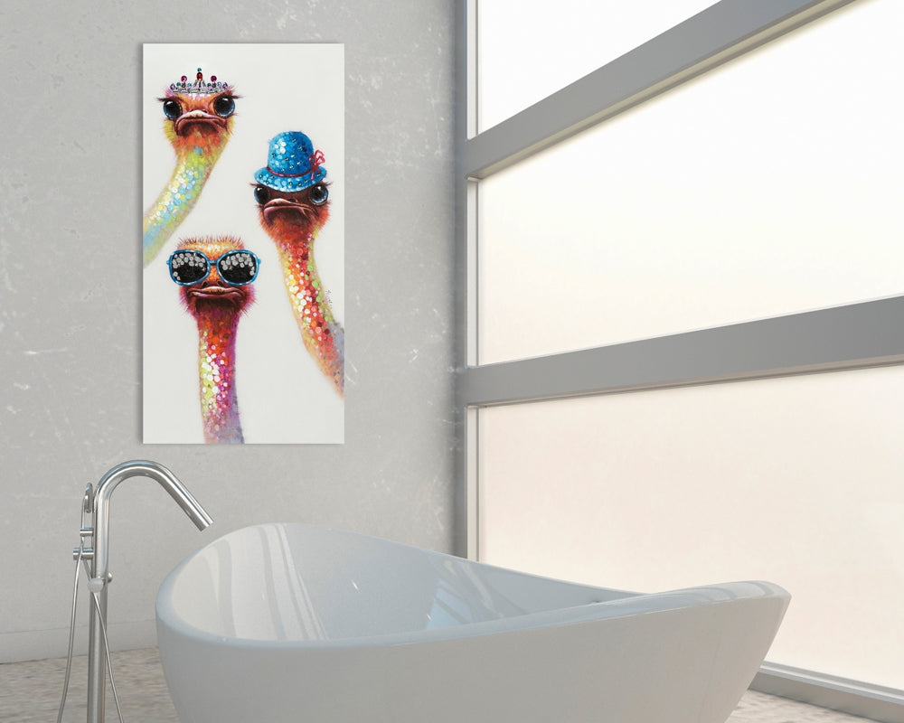 
Handgemaltes Bild „Verwirrte Strausse“ mit Glitzersteinen 60 x 120 cm