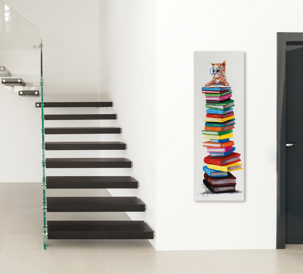 
Handgemaltes Bild „Cat with Books“ 40 x 120 cm