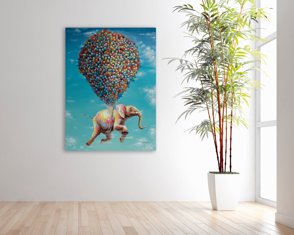 
Tableau peint à la main « Éléphant volant » 90 x 120 cm