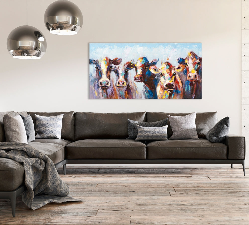 
Hand-painted picture "Astonished Cows" 70 x 140 cm