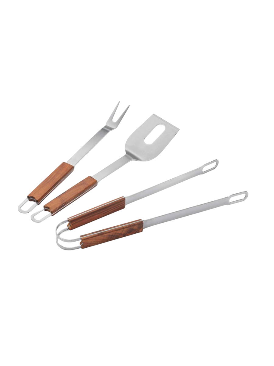 
3-piece "Brick" designer BBQ set made of stainless steel and walnut wood