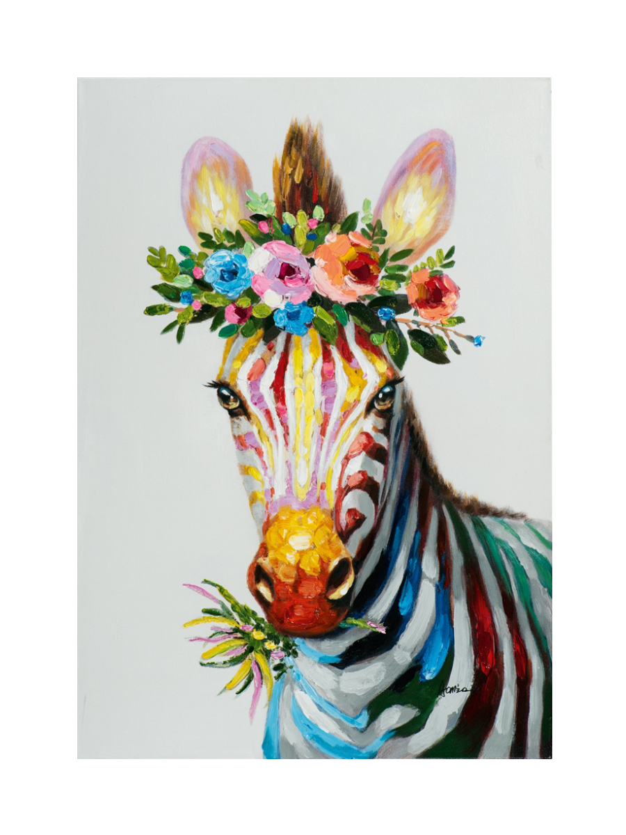 
Tableau peint à la main « Zèbre avec décor floral » 70 x 100 cm