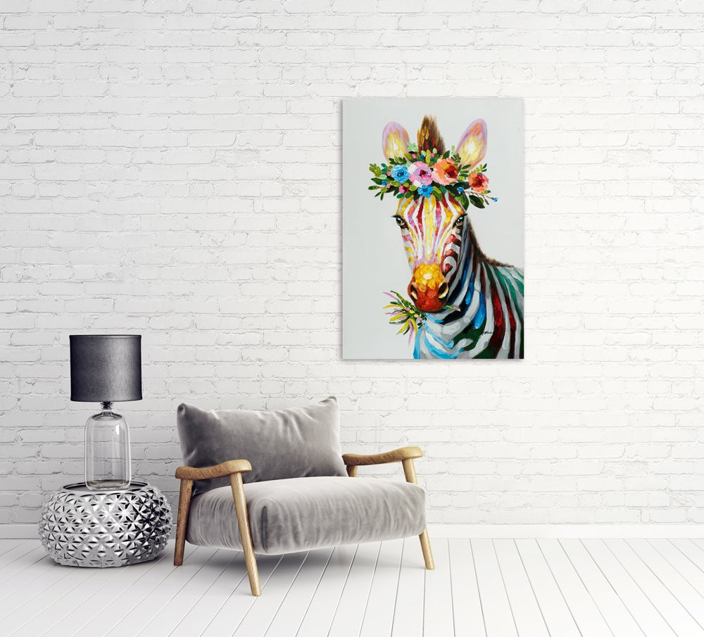 
Tableau peint à la main « Zèbre avec décor floral » 70 x 100 cm