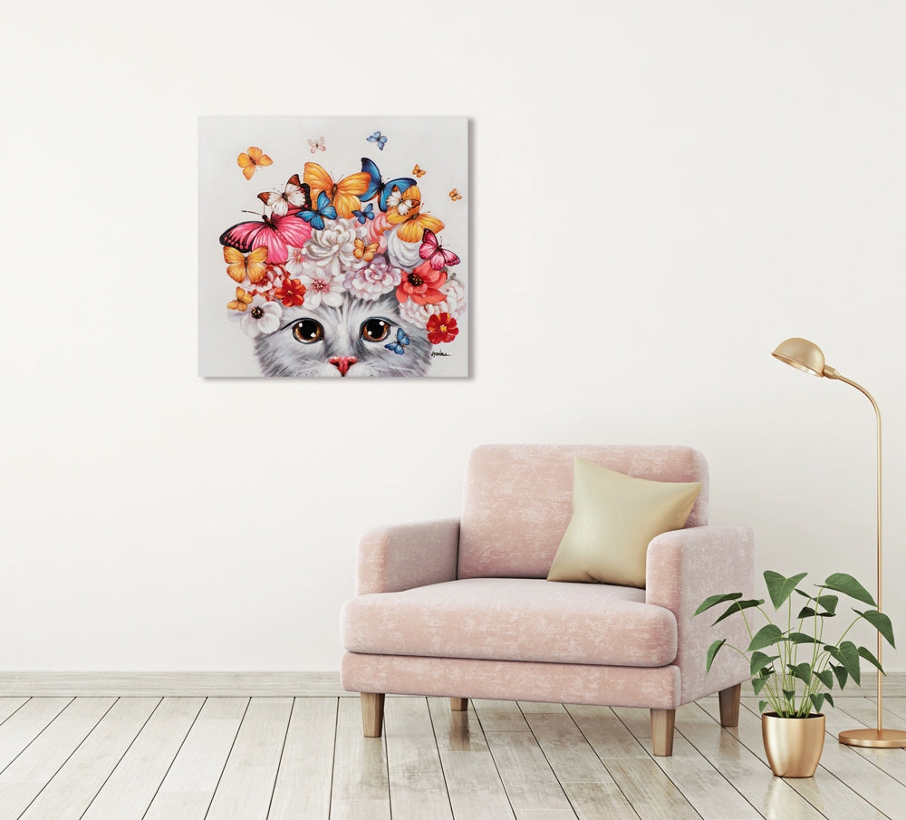 
Handbemaltes Bild „Kätzchen mit Blumen und Schmetterlingen“ 70 x 70 cm