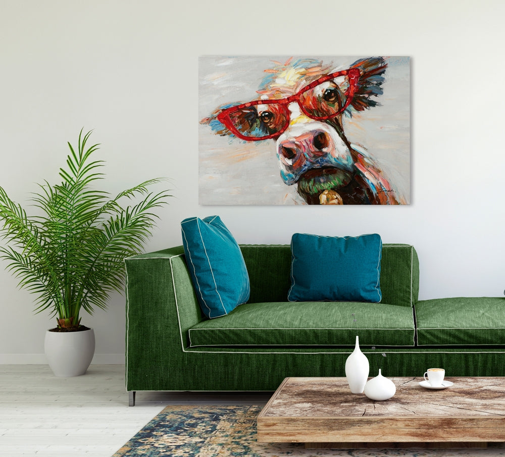 
Quadro dipinto a mano, con cornice, “Mucca variopinta con gli occhiali” 70 x 100 cm