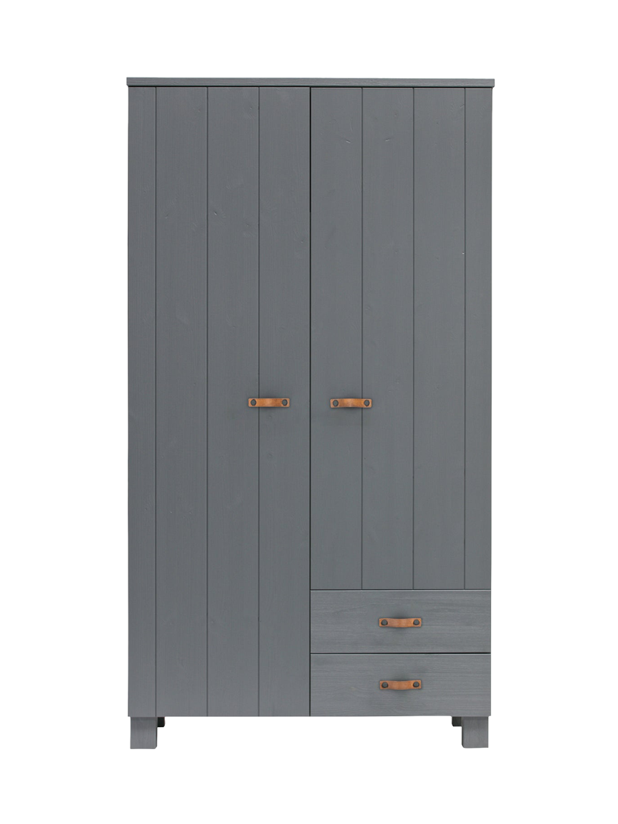 
Design Kleiderschrank „Dennis II“, 2-türig - Stahlgrau mit Ledergriffen
