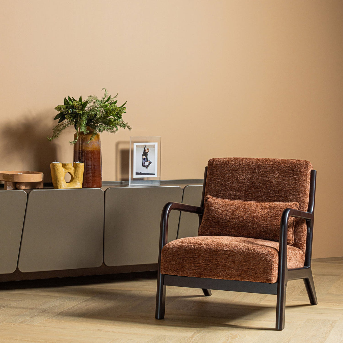 
Solid Wood Design Armchair "Mark" - Dark Brown/ Chenille Brown