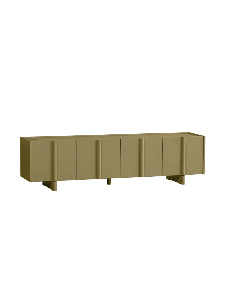 
4-türiges Design Lowboard „Bassou“ aus nachhaltigem Massivholz, Moos matt