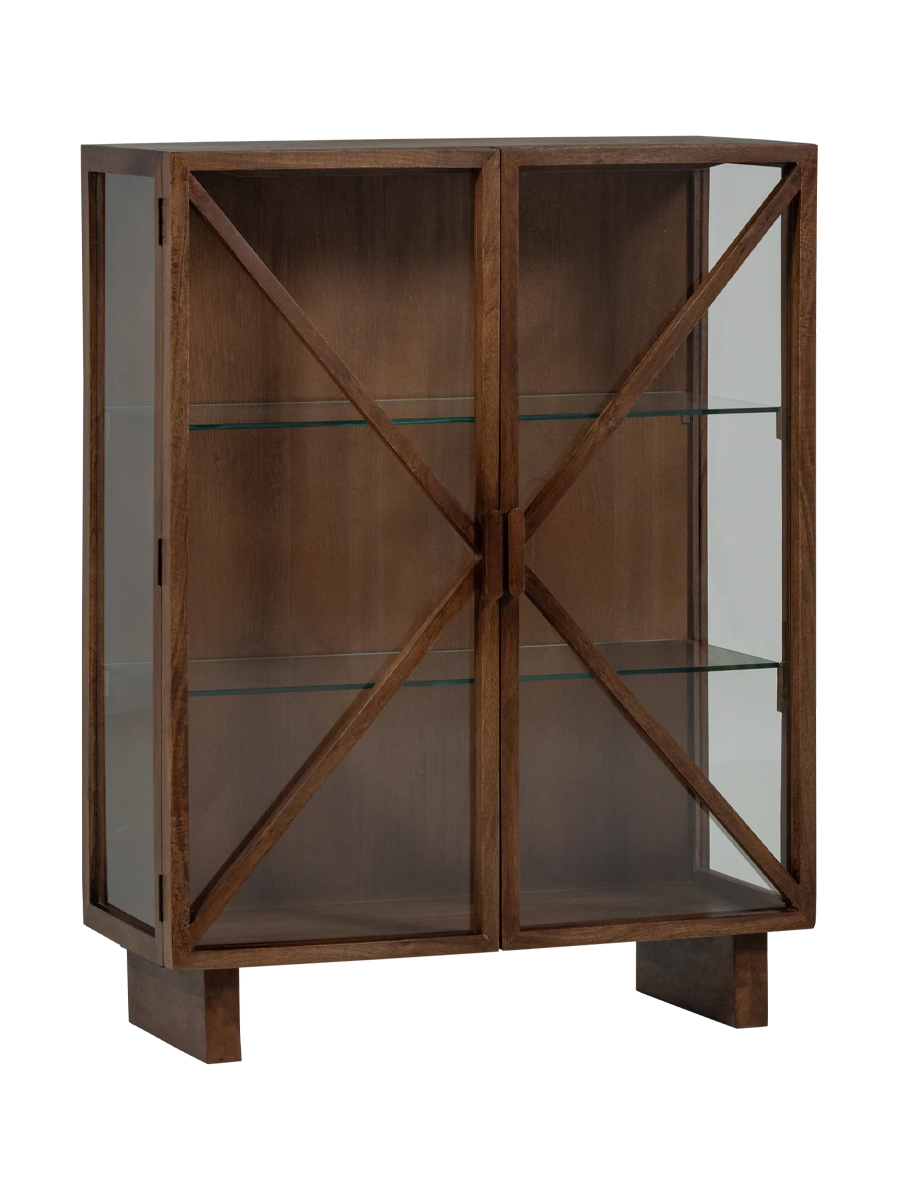 
2-door designer display cabinet "Kello" made of sustainable solid wood and glass - Dark brown