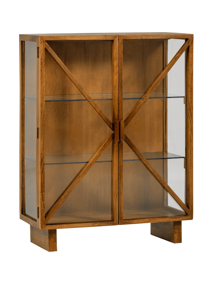 
2-door designer display cabinet "Kello" made of sustainable solid wood and glass - Natural