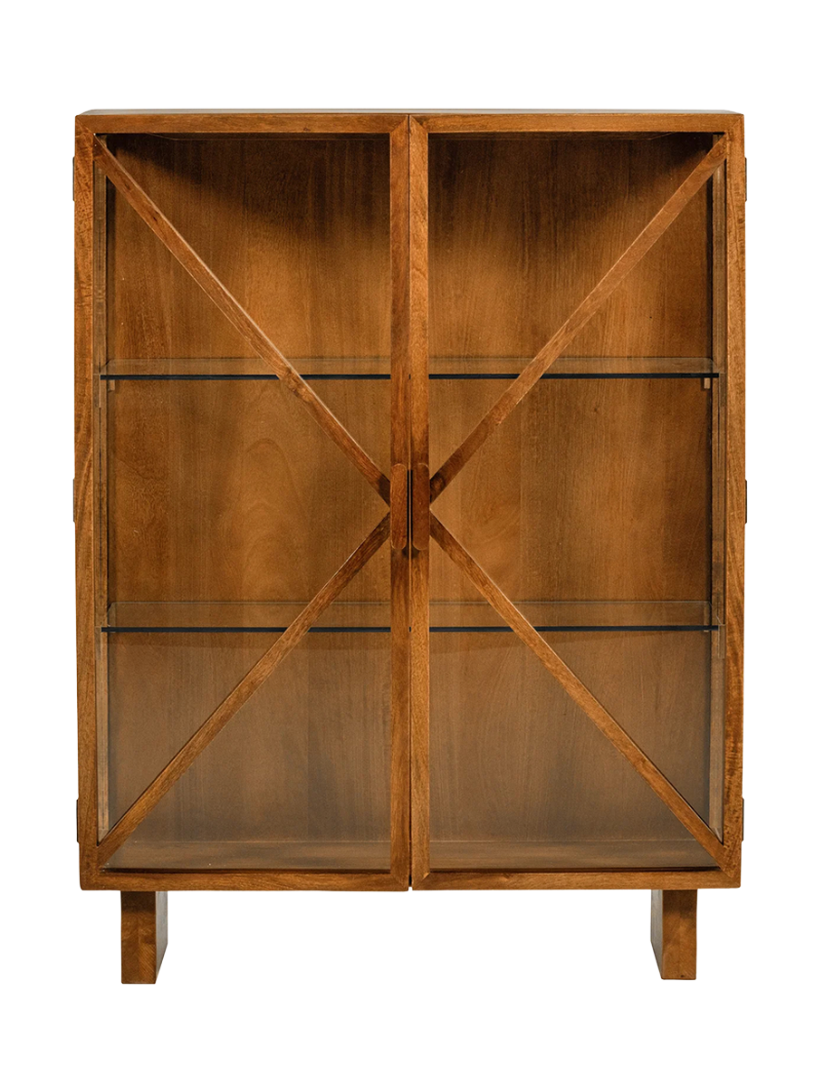 
2-door designer display cabinet "Kello" made of sustainable solid wood and glass - Natural