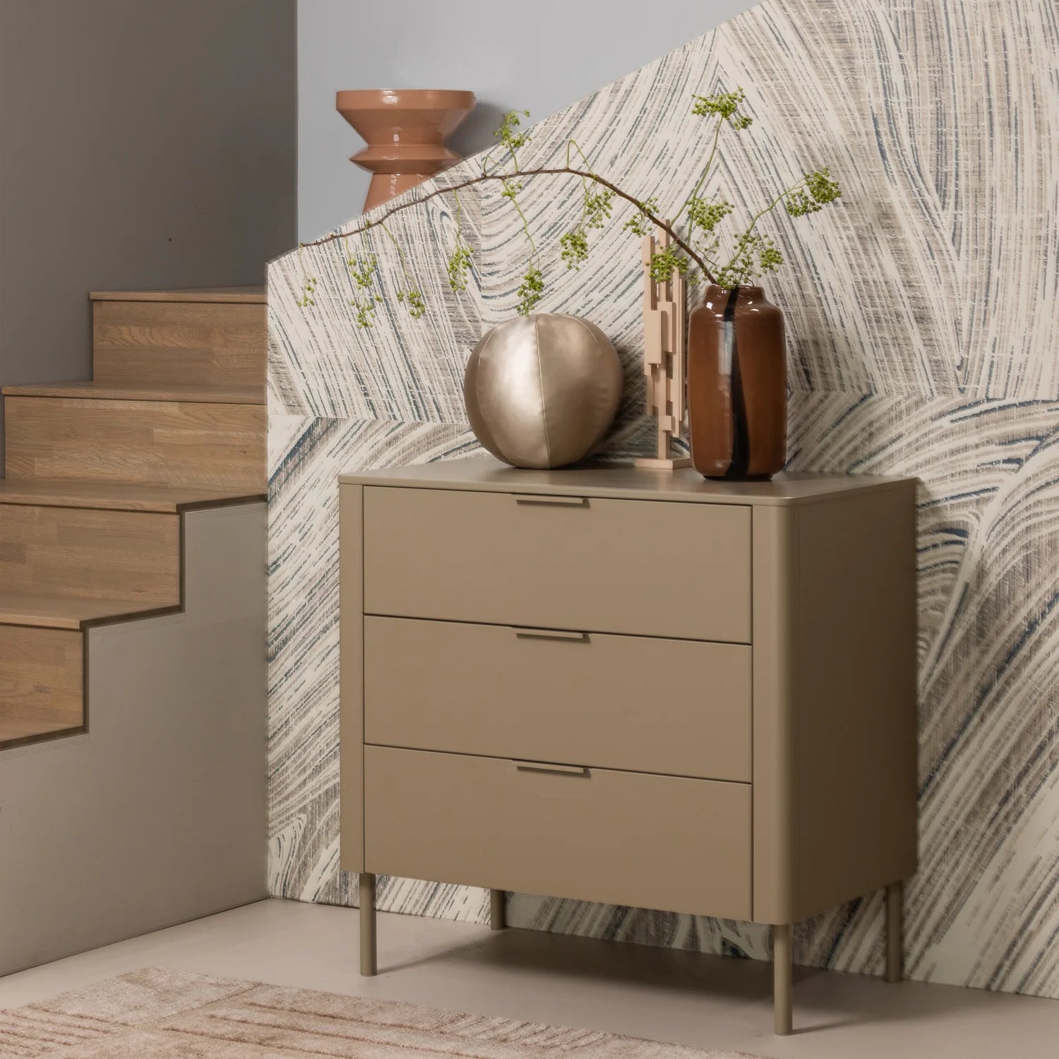 
Designer Chest of Drawers "Gunaro" made of Sustainable Solid Wood - Taupe matte