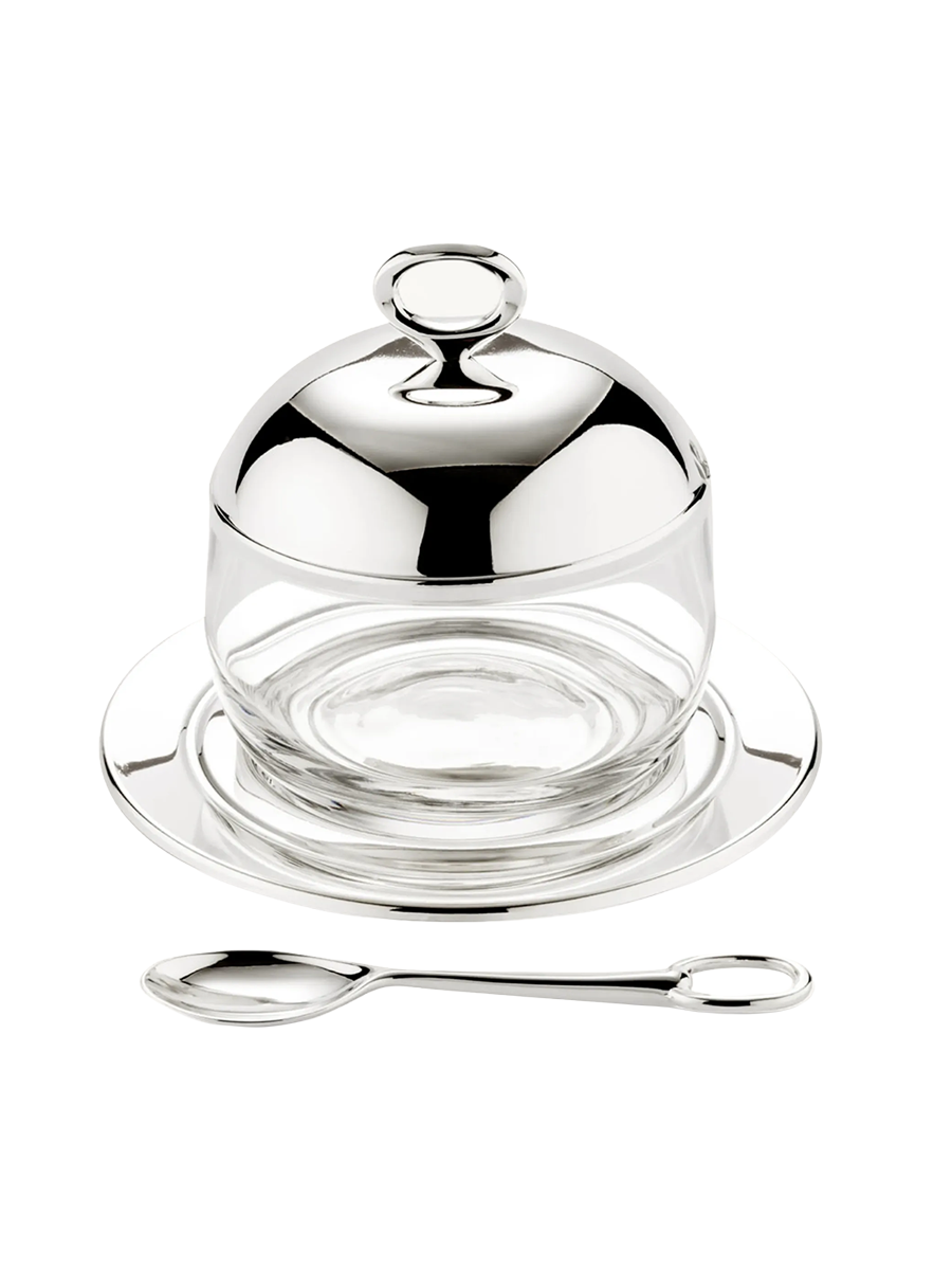 
Premium Jam Jar "Jago" with Coaster and Spoon - elegantly silver-plated