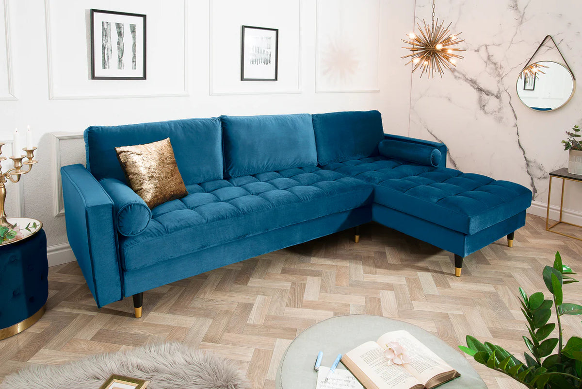 
Canapé d'angle design « Cozy Velvet » avec revêtement en velours - Bleu roi