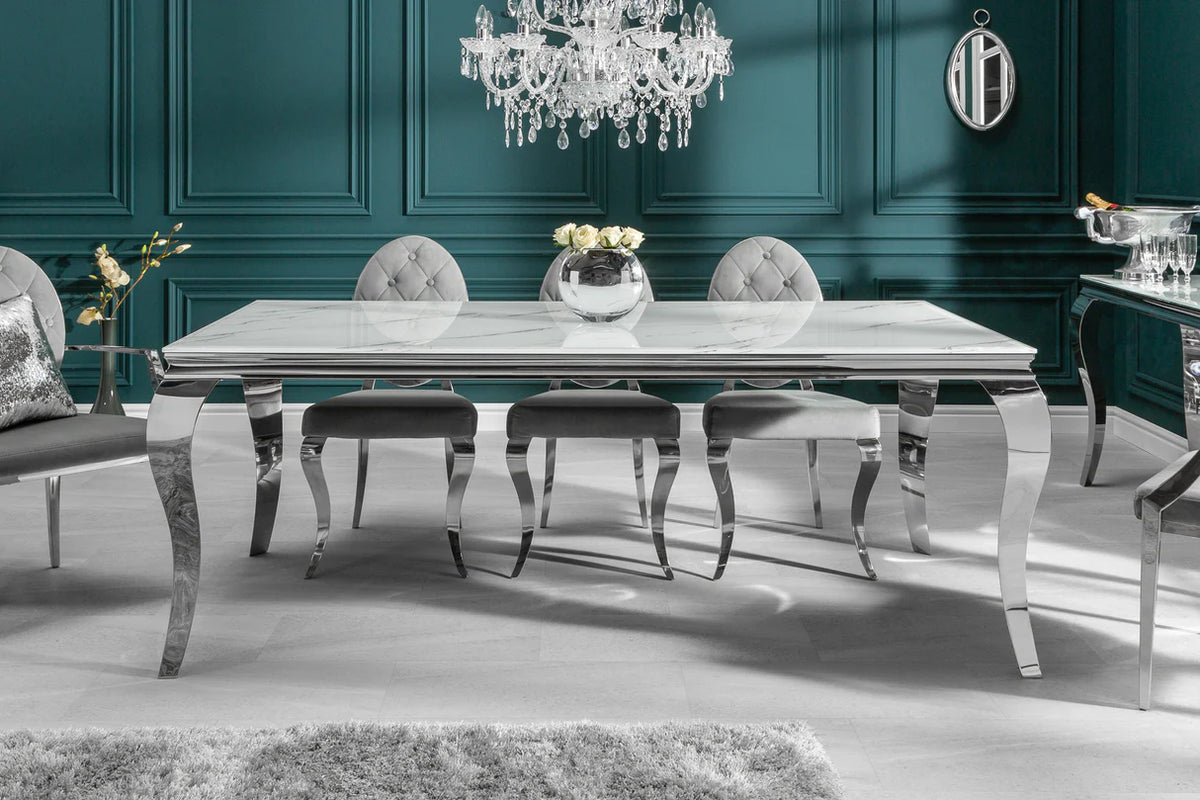 
Tavolo rettangolare „Modern Barock“, varie dimensioni - 180 x 95 cm / Acciaio inossidabile / effetto marmo bianco