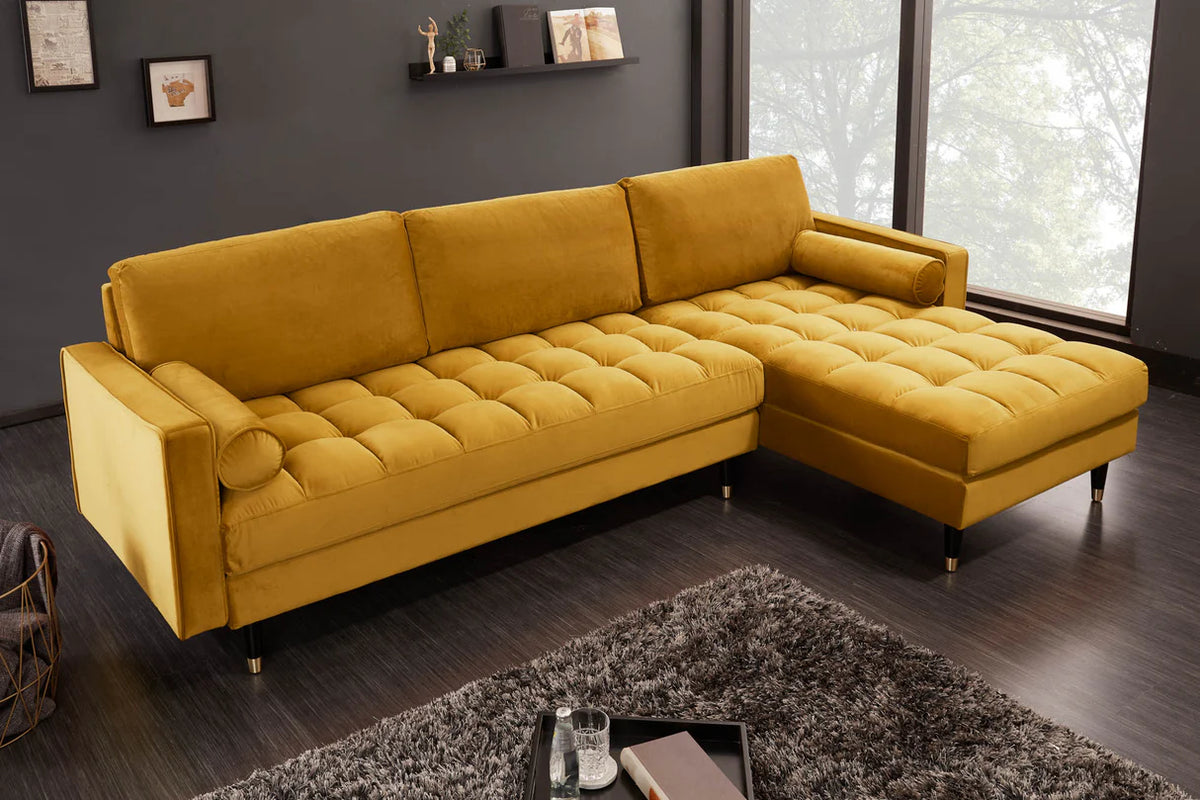 
Canapé d'angle design « Cozy Velvet » avec revêtement en velours - Jaune moutarde