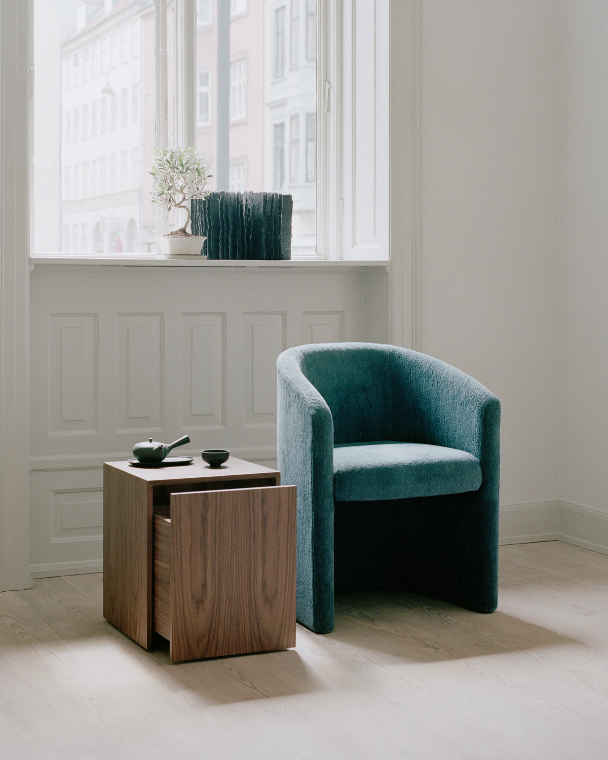 
Designer Side Table "Mass" with Drawer - Walnut wood