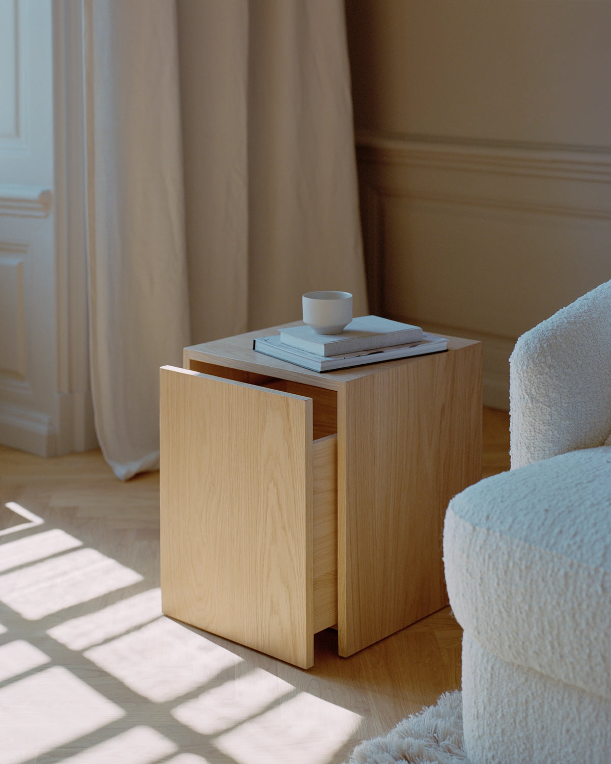 
Designer Side Table "Mass" with Drawer - Natural Oak
