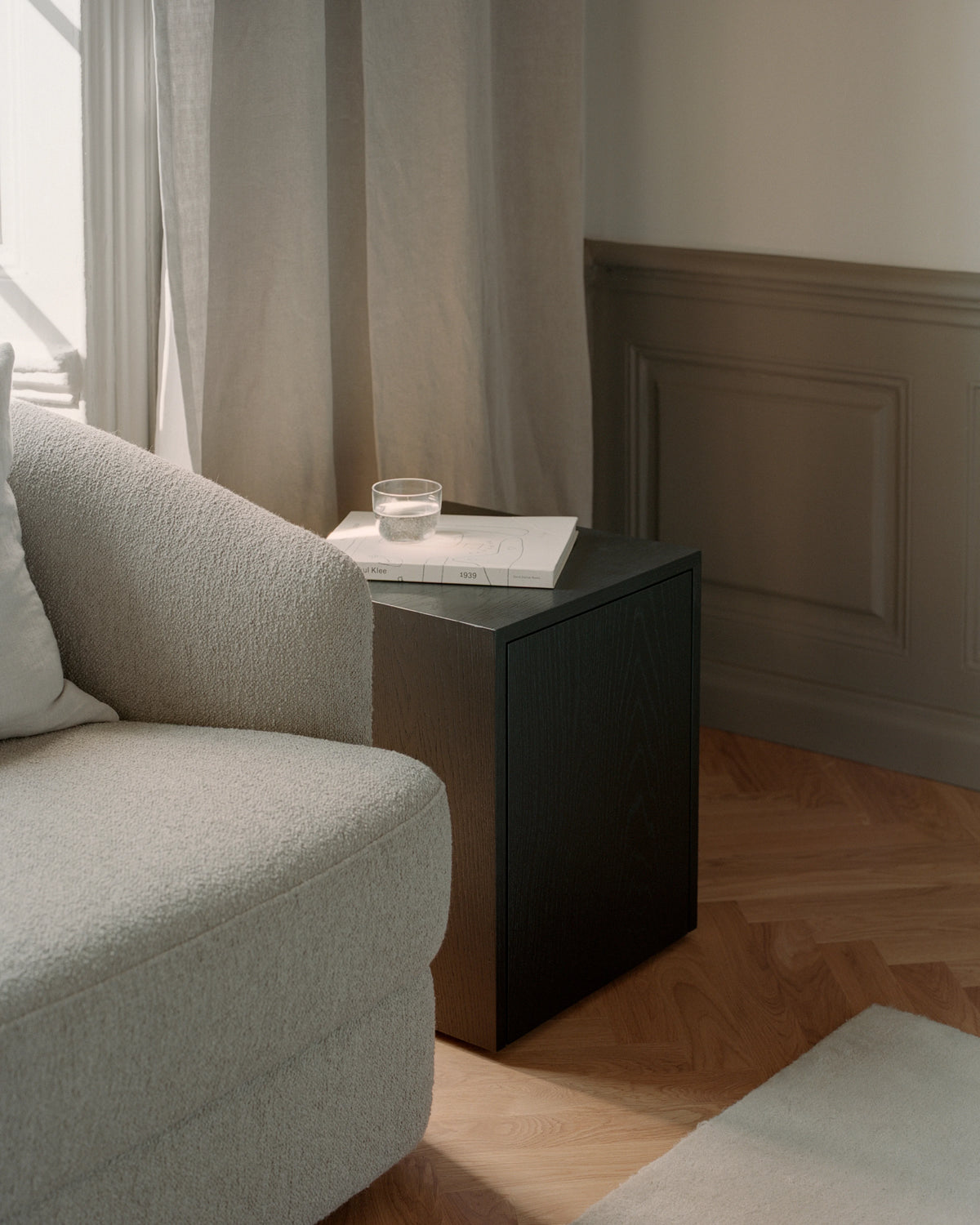 
Designer Side Table "Mass" with Drawer - Black Oak