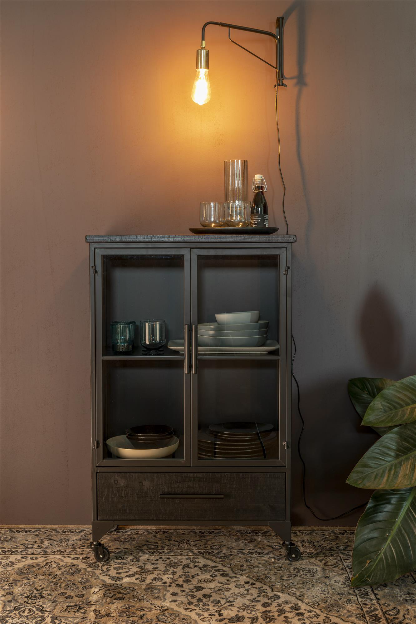 
"Ferre" designer highboard & display cabinet with castors, 2-door