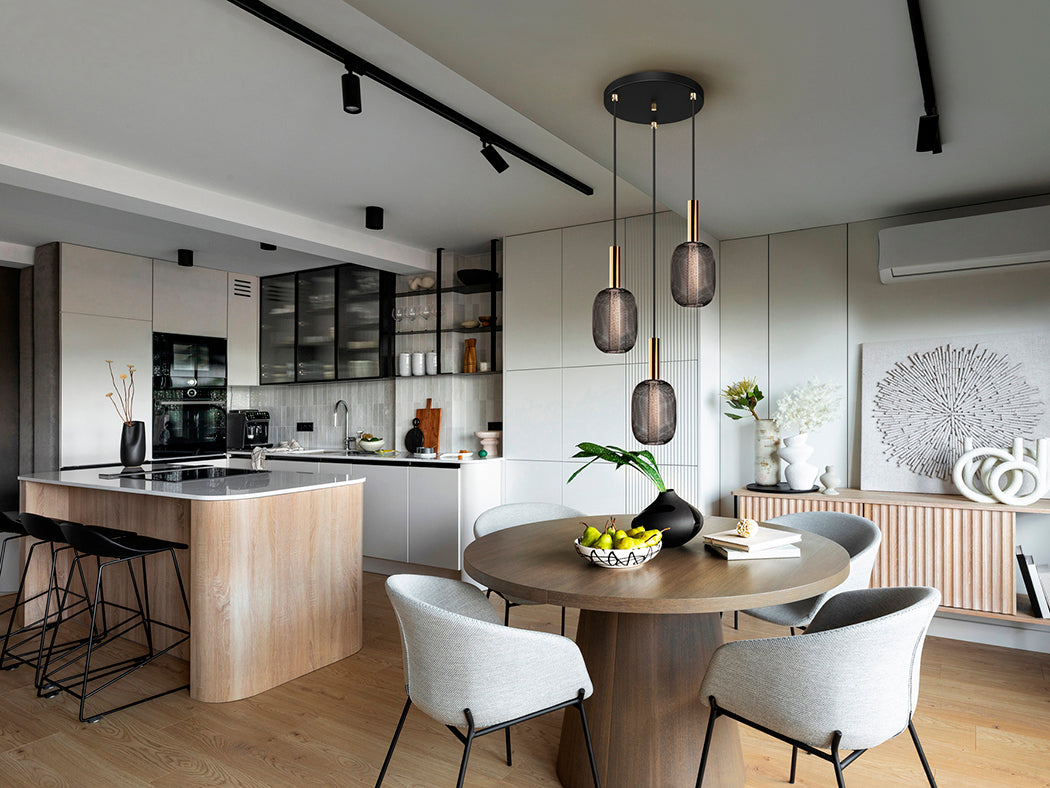
LED designer pendant light “Micron”, 3-light - Black/Gold