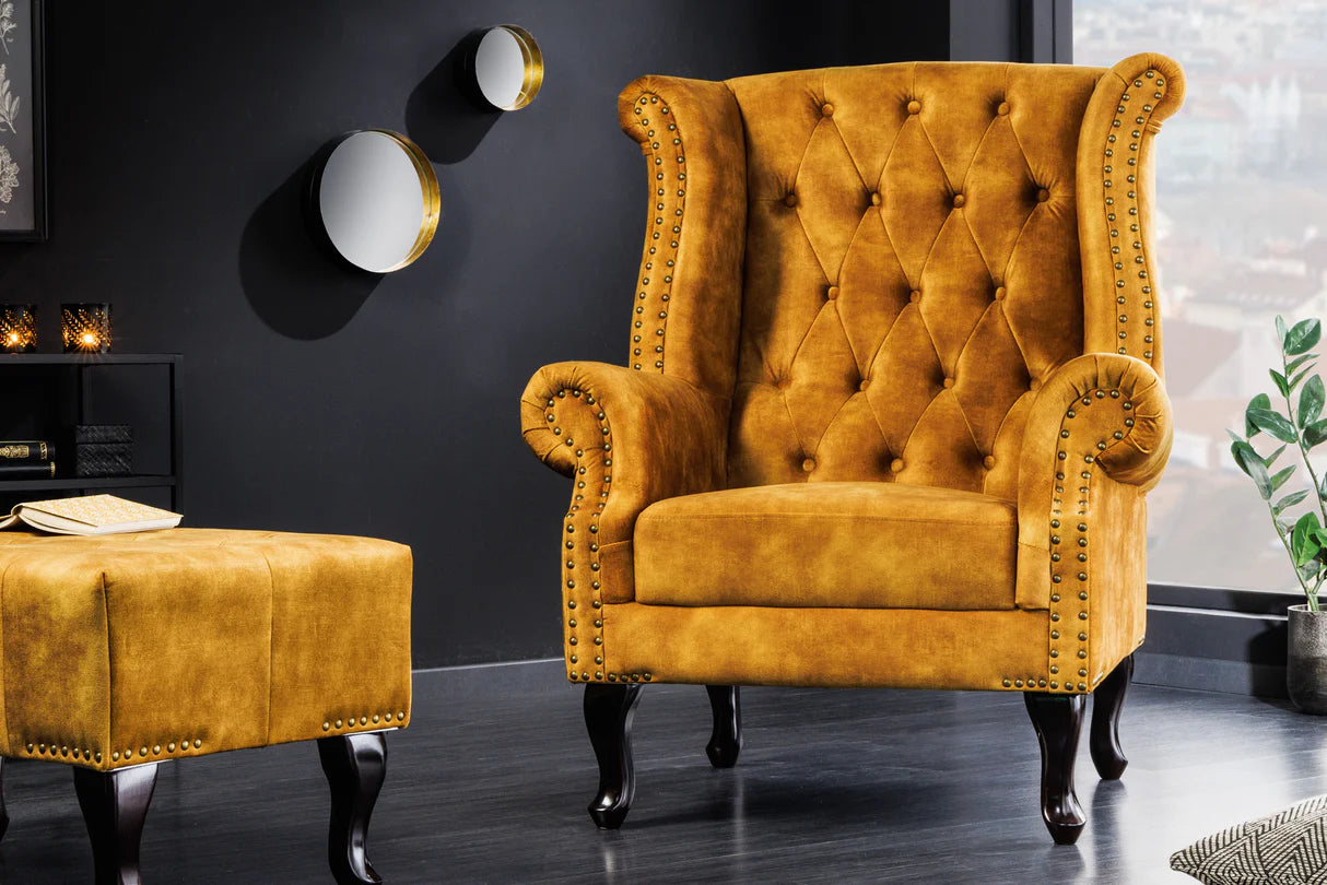 
Fauteuil à oreilles « Chesterfield » de haute qualité - Jaune moutarde