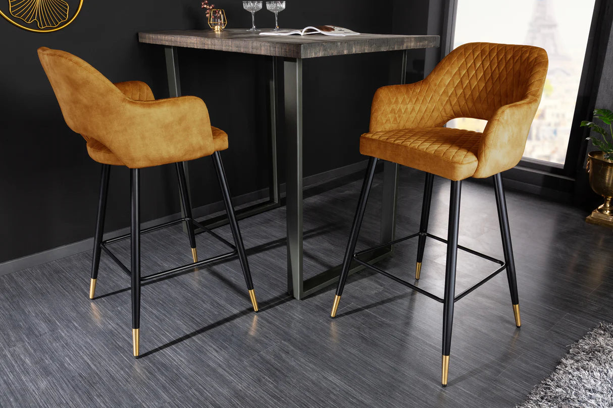 
Chaise de bar design « Paris » avec accoudoirs - Velours Jaune Moutarde