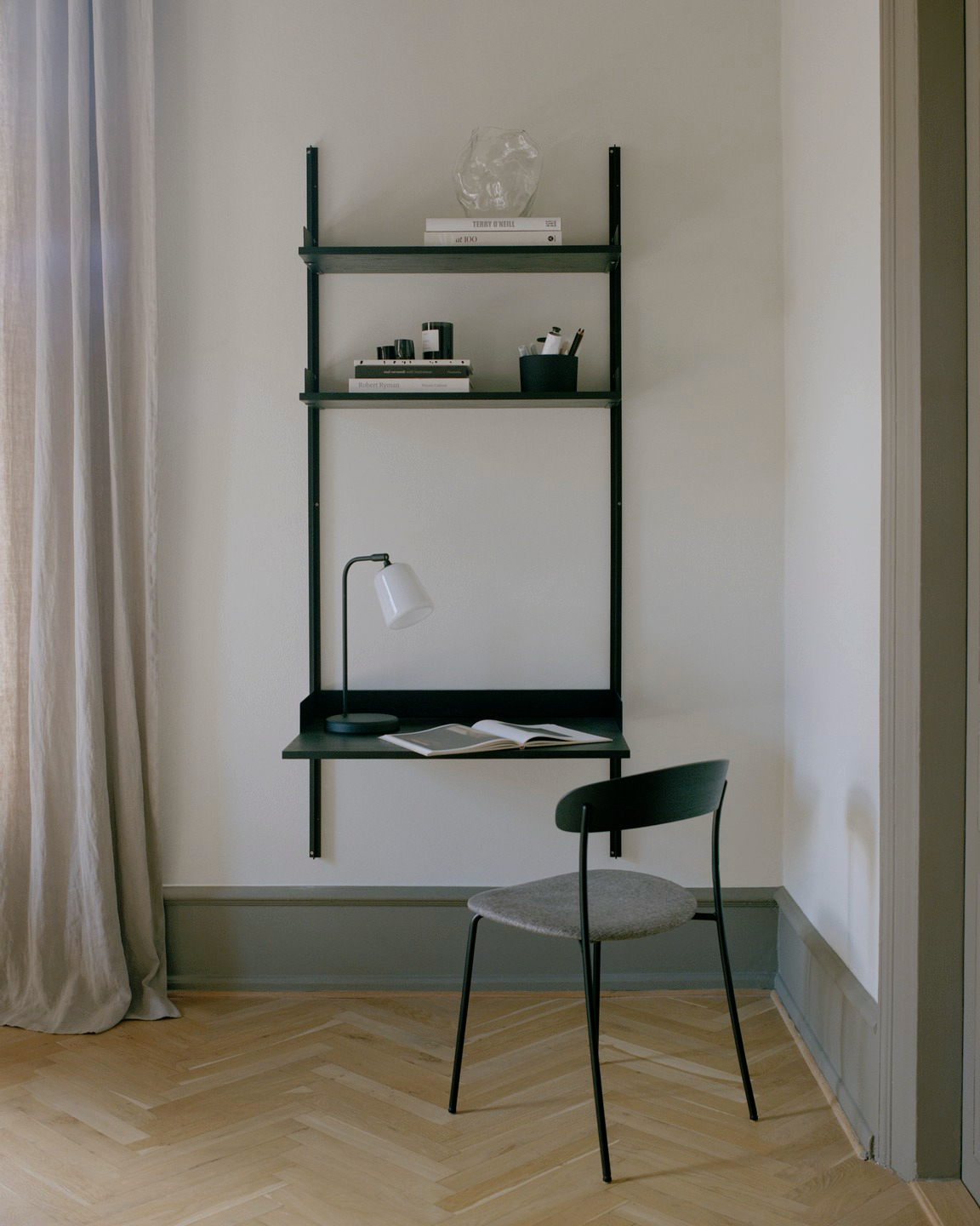 
Modular Design Wall Shelf "New Works Study" with Integrated Desk - Ash Wood / Black