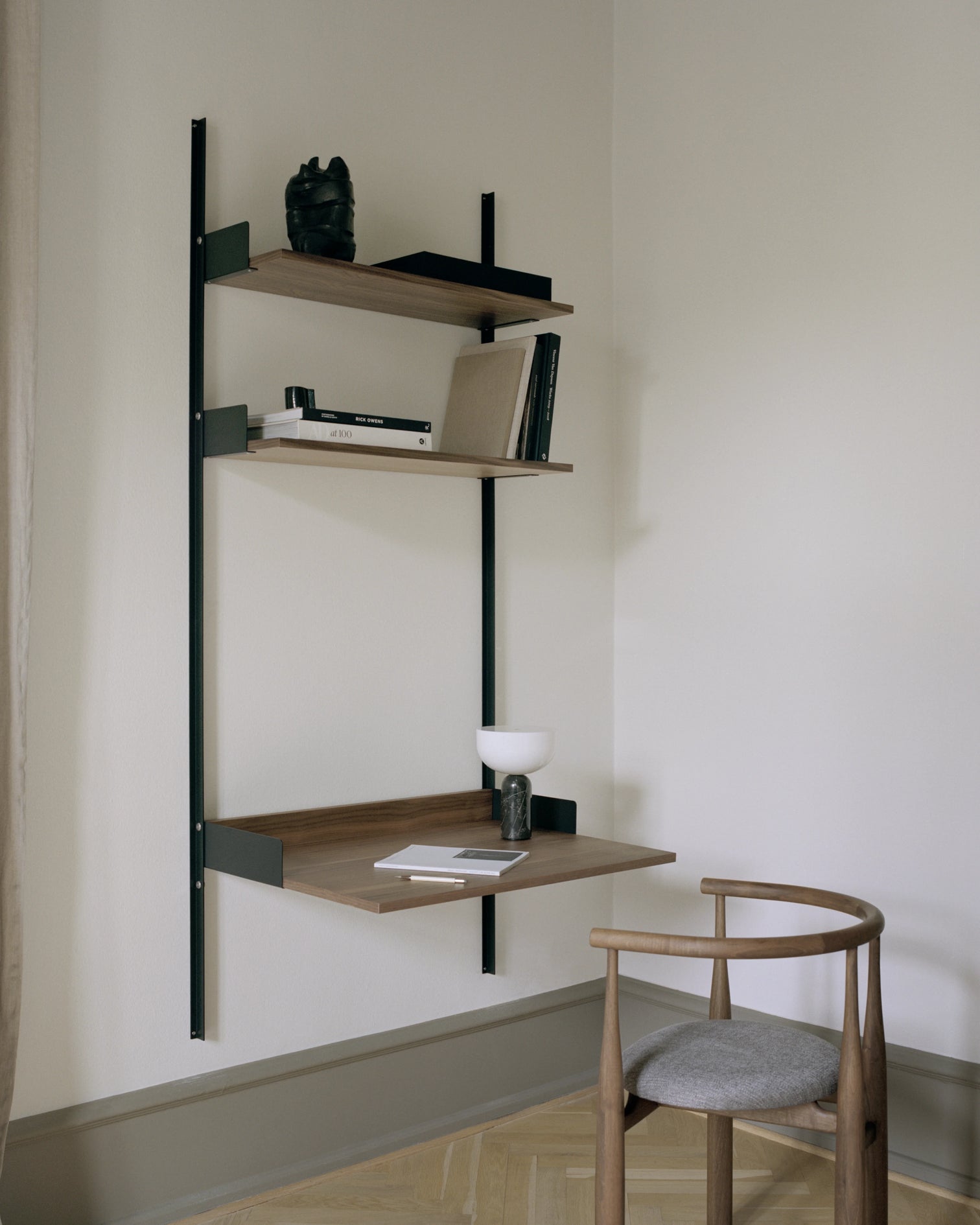 
Modular Design Wall Shelf "New Works Study" with Integrated Desk - Walnut / Black