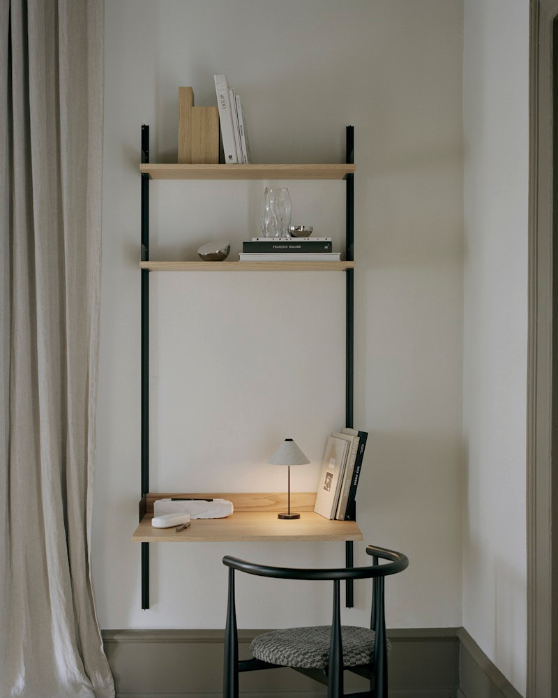 
Modular Design Wall Shelf "New Works Study" with Integrated Desk - Oak / Black
