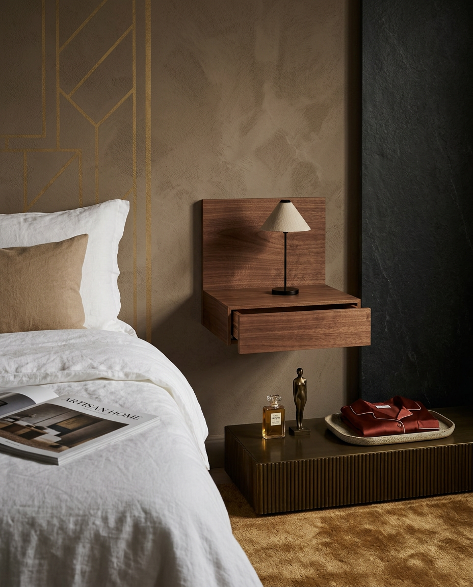 
Solid Designer Bedside Table "Tana", wall-mounted - Nut tree