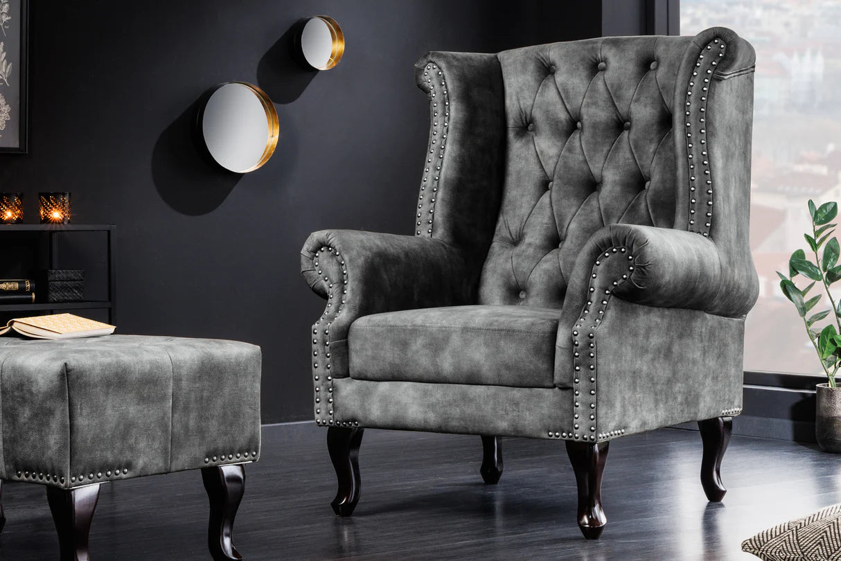 
Fauteuil à oreilles « Chesterfield » de haute qualité - Gris