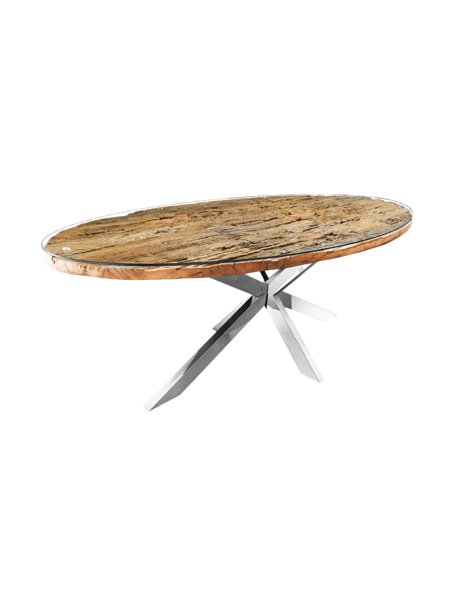 
Solid, oval dining table "Shark" 220 x 100 cm - stainless steel, recycled teak including glass top